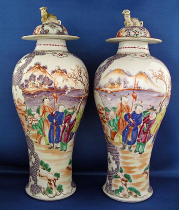 A Pair of Mandarin Palette Baluster form Vases.