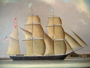 China Trade Oil Painting of  an American Ship Approaching Macao