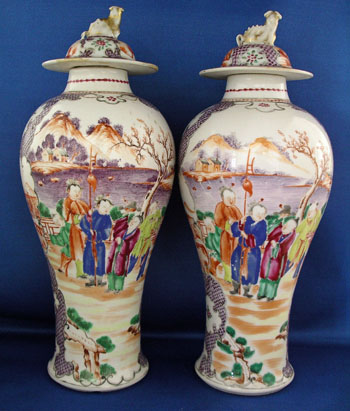 A Pair of Mandarin Palette Baluster form Vases.