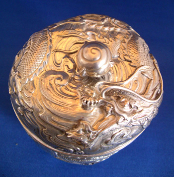 Chinese Export Silver Round Box with Dragon Decoration