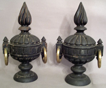 Pair of Carved Wooden Urns with Brass Rings
