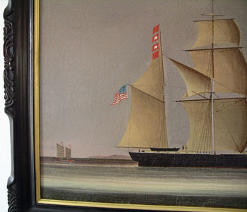 China Trade Oil Painting of  an American Ship Approaching Macao