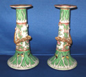 Pair of Chinese Export Porcelain Cabbage Leaf Candlesticks