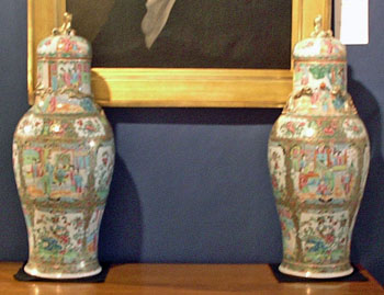 Large Pair of Rose Canton Palace Vases with Tops